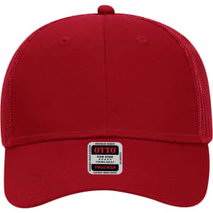 A red 6 panel low profile trucker cap with mesh sides and a logo at the front.