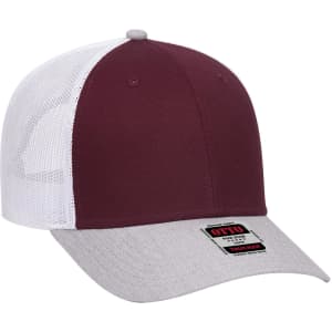 A maroon and white 6-panel low profile trucker cap with a grey brim and a logo on the front.