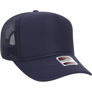 A navy blue 5 Panel Mid Profile Trucker Cap featuring a mesh back and a small logo.