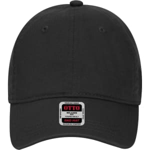 A black six-panel low profile dad cap featuring a logo label on the front. Ideal for youth headwear.