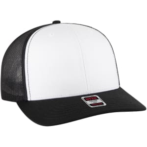 A 6 panel mid-profile trucker cap with a white front and black mesh back, featuring a logo on the side.