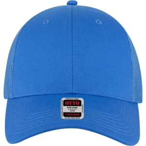 A bright blue 6 panel low profile trucker cap featuring a logo on the front.