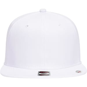A white 6-panel mid-profile snapback cap featuring a flat brim and a logo on the front.