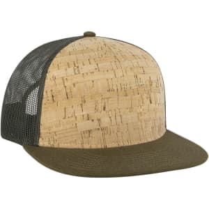 A cork and olive green 5 Panel Pro Style Trucker Cap with a mesh back and a branding logo.