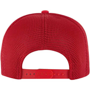 A red 5 panel high crown air mesh back trucker hat featuring a textured mesh design and an adjustable strap.