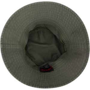 An olive green bucket hat with a textured surface and a logo inside. The interior features a soft lining.