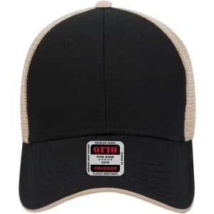 A black and beige 6 panel low profile trucker cap with a mesh back and a logo on the front.