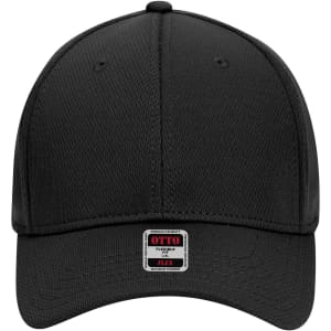 A black 6 panel low profile baseball cap with a branded label at the front.