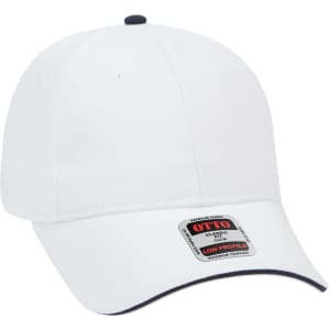 A white 6 panel low profile baseball cap with a dark brim and a logo tag on the front.