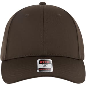A low profile baseball cap in dark brown with a logo on the front. It features six panels and a curved brim.