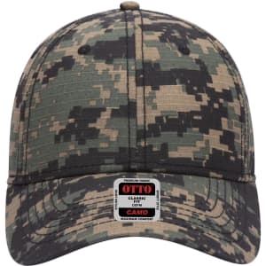 A digital camo 6 panel low profile baseball cap featuring shades of green, black, and brown, with a logo on the front.