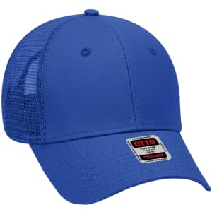 A blue 6 panel low profile trucker cap with a mesh back and a small logo on the front.