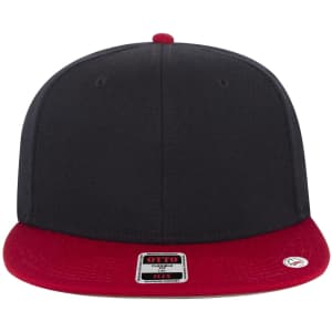 A six-panel mid-profile baseball cap in black with a red brim, featuring a logo on the front.