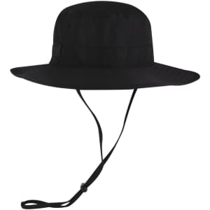 A black polyester pongee boonie hat with a wide brim and adjustable chin strap. It features a logo.
