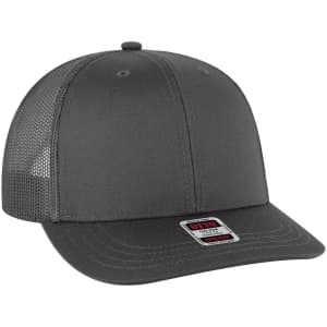 A 6 panel mid profile trucker cap in grey, featuring a solid front and mesh paneling at the back.
