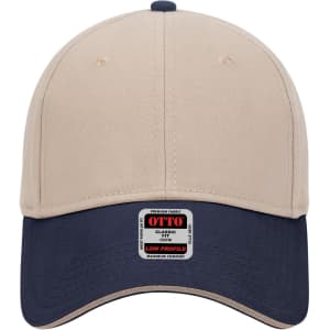 A beige and navy 6-panel low profile baseball cap with a logo on the front.