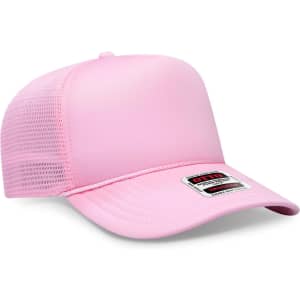 A pink high crown mesh back trucker hat with a branding logo on the front.