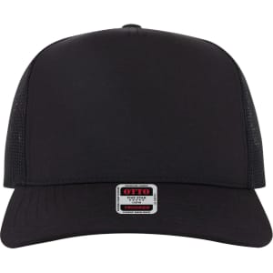 A black 5 panel mid profile trucker cap with a mesh back and a logo patch on the front.