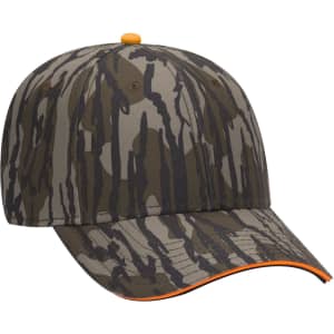 A camo-patterned baseball cap in shades of green and brown, featuring a low profile and a contrasting orange accent.
