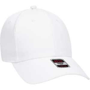 A white six-panel low-profile baseball cap with a branded tag.
