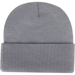 A grey knit beanie with a rolled cuff and a simple logo.