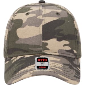 A camo baseball cap in shades of green and tan with a six-panel low profile design and a logo.