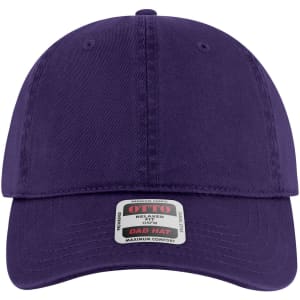 A purple six-panel low profile dad cap featuring a branded label on the front.