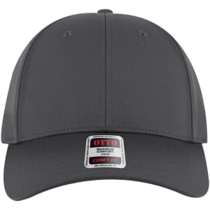 A grey low-profile baseball cap with a six-panel design and a logo on the front.