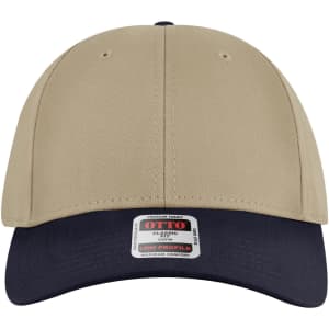 A beige baseball cap with a navy peak, featuring a logo on the front. It has a low profile design.