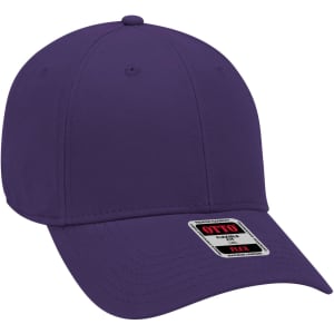 A purple six-panel low profile baseball cap with a flexible fit and a logo on the front.