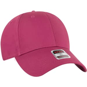 A pink 6-panel low profile baseball cap with a branded label on the front.