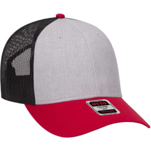 A grey and red 6-panel low profile trucker cap with a mesh back and a logo badge.