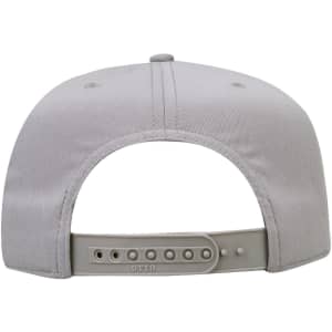 A grey 5-panel mid-profile baseball cap with an adjustable strap at the back and a logo.