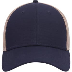 A 6 panel low profile trucker cap in navy with a light-coloured mesh back and a curved brim.