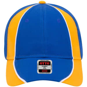 A blue and yellow six-panel low profile baseball cap with a branded label.