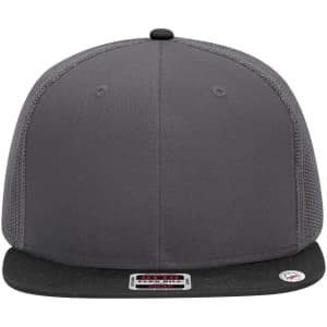 A grey six-panel mid profile trucker cap with a black visor, featuring mesh panels and a logo.
