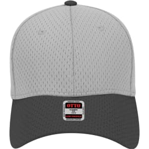 A grey and black six-panel low profile baseball cap with mesh detailing and a logo on the front.