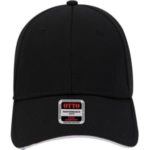 A black six-panel low profile baseball cap with a logo on the front.