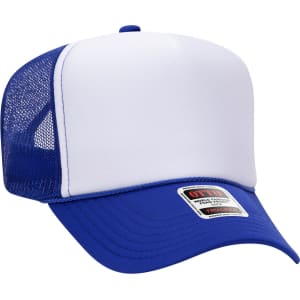 A blue 5 panel high crown trucker cap with a white front panel and mesh sides. It features a logo on the front.