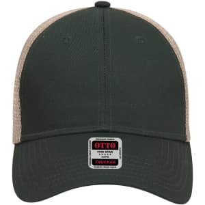A 6 panel low profile trucker cap in dark green with a beige mesh back and a logo on the front.