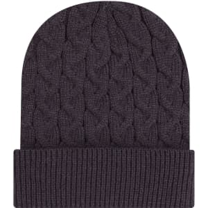A dark grey cable knit beanie with a rib knit cuff and a smooth top. It features a brand logo on the inside.