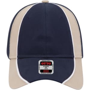 A navy and beige 6-panel low profile baseball cap with a logo on the front.