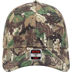 A camo-patterned six-panel low-profile baseball cap featuring shades of green, brown, and tan, with a logo on the front.