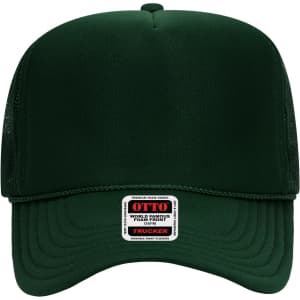 A high crown trucker cap in dark green with a mesh back and a small logo label at the front.