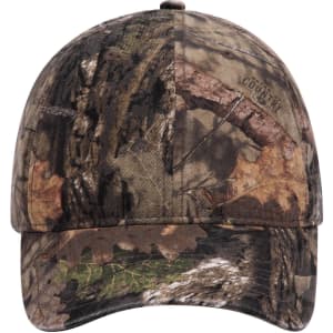 A camo-patterned six-panel low profile baseball cap featuring shades of green, brown, and tan, with a logo.