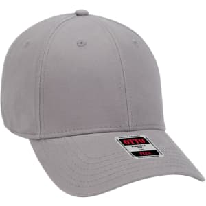 A grey six-panel low profile baseball cap with a logo on the front and a flexible fit.