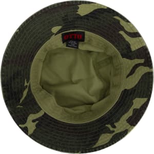 A camouflage bucket hat featuring an inner lining and a brand label inside.
