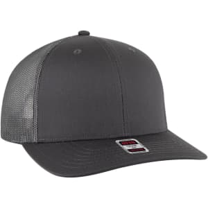 A grey 6 Panel Mid Profile Trucker Cap with a mesh back and flat brim, featuring a logo on the front.