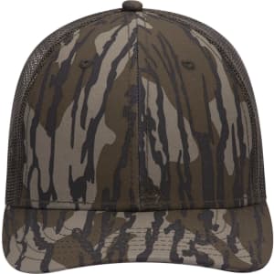 A camo-patterned low profile baseball cap in earthy tones, featuring mesh panels and a branded logo.