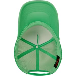 A green 5 Panel High Crown Trucker Cap with a mesh interior and a logo on the side.